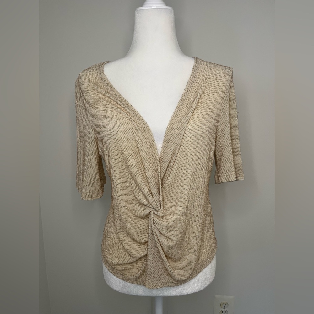 Leith Gold Shimmer Deep-V Blouse